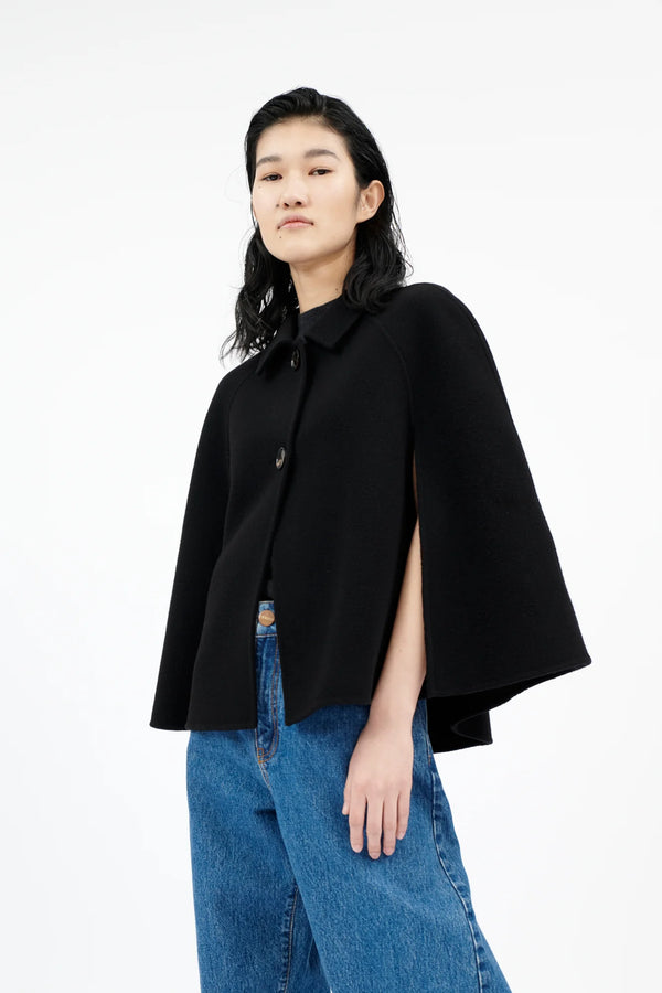 Black Doubleface Wool Cape Jacket
