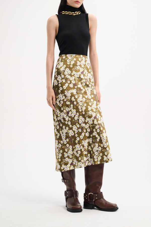 Daisy Print Satin Bias Midi Skirt