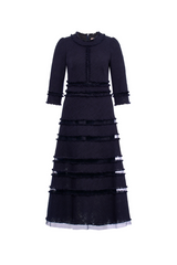 Navy Cotton Tweed Tiered Dress