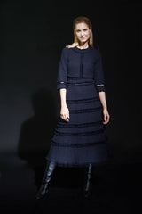 Navy Cotton Tweed Tiered Dress