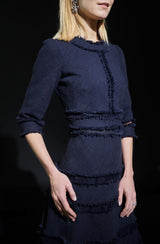 Navy Cotton Tweed Tiered Dress