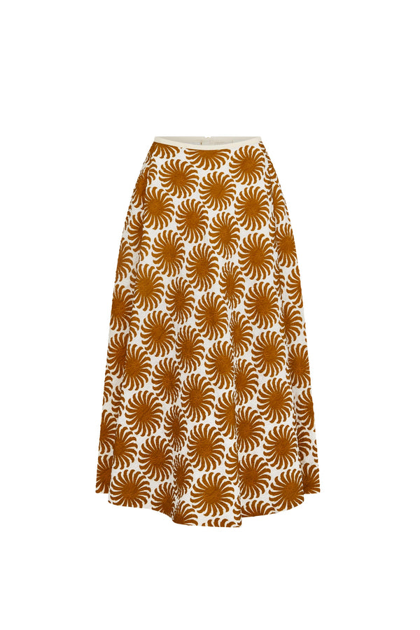 Gold Aster Print Quilted Midi Skirt