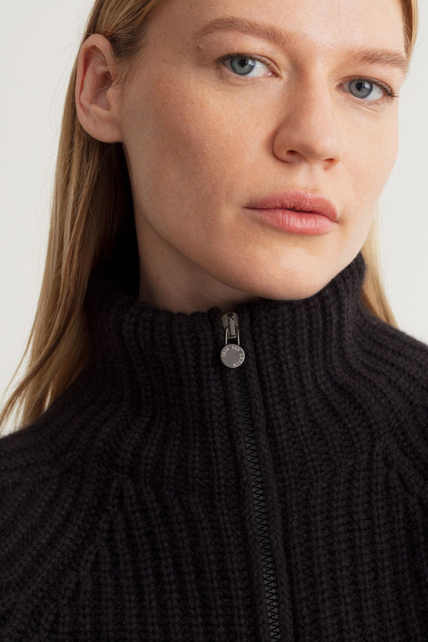 Black Cashmere Ribbed Zip Cardigan