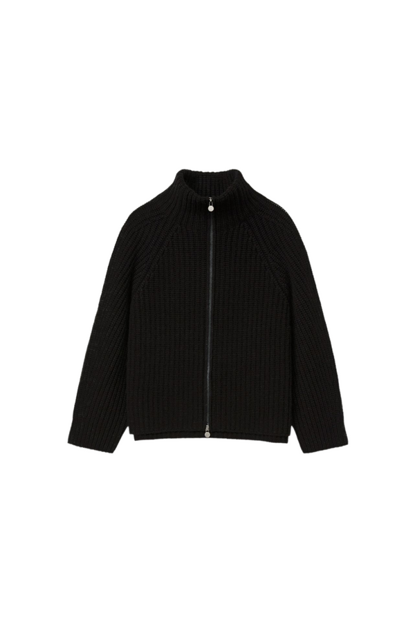 Black Cashmere Ribbed Zip Cardigan