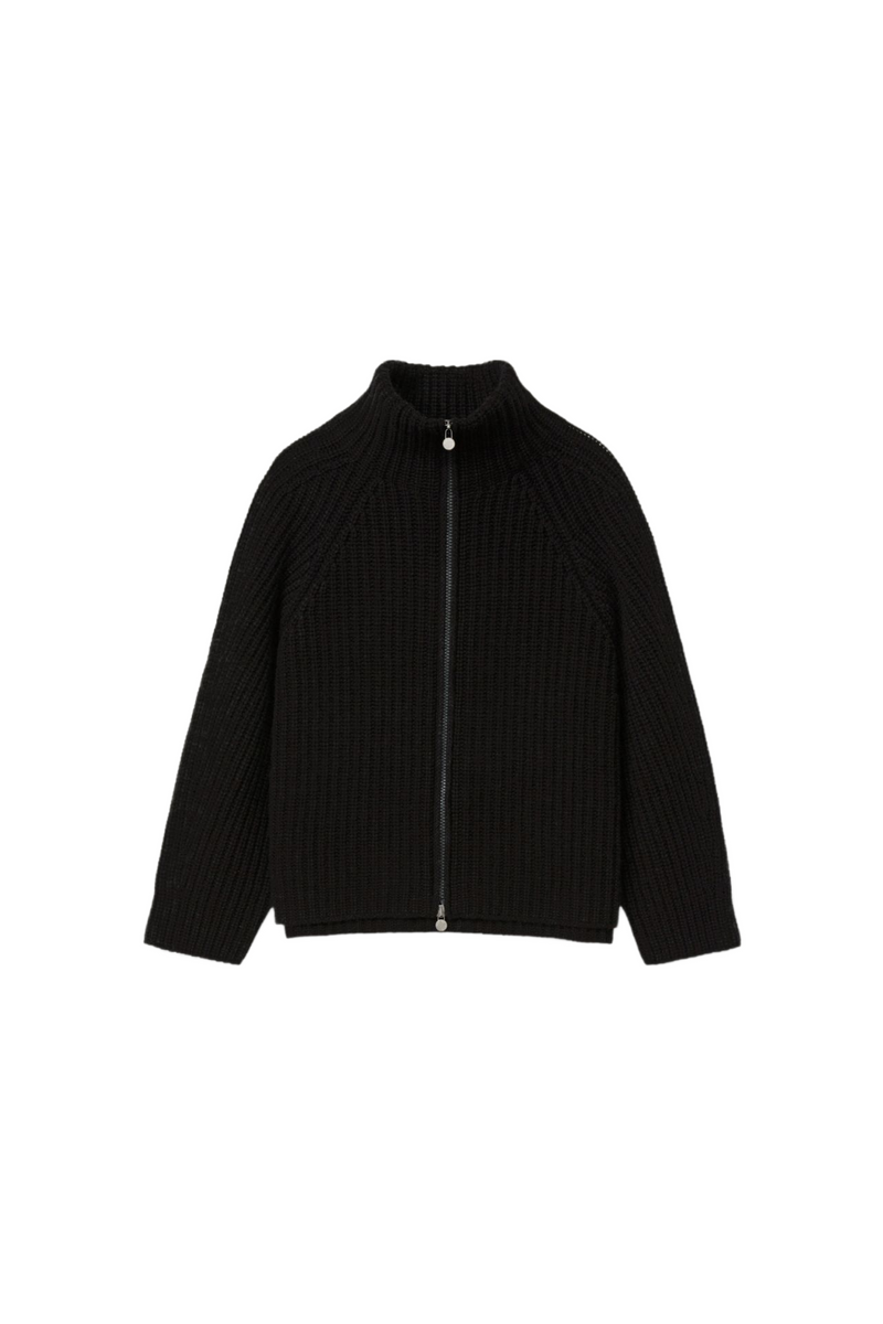 Black Cashmere Ribbed Zip Cardigan