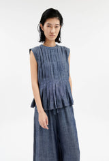 Chambray Pleated Sleeveless Top