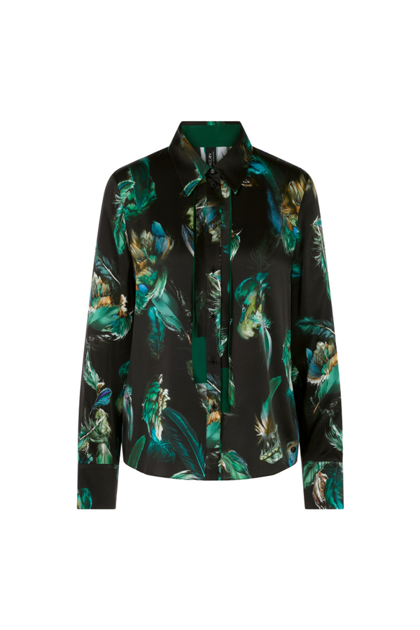 Feather Print Silk Tuxedo Blouse