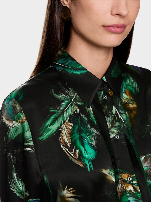 Feather Print Silk Tuxedo Blouse