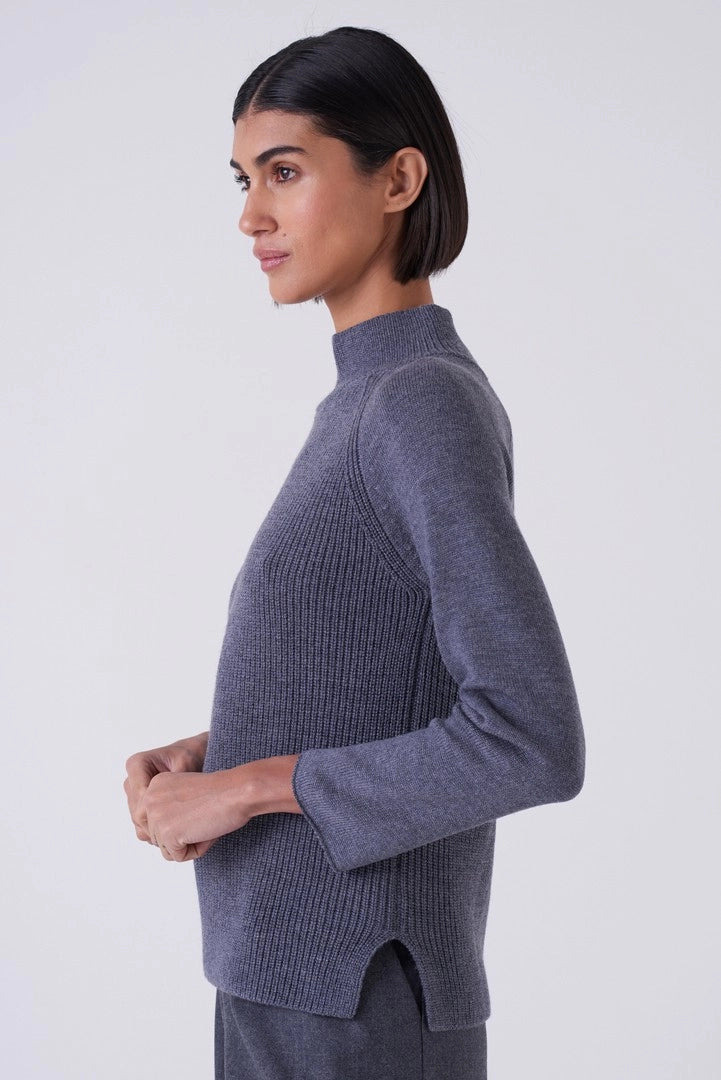 Grey Ribbed High Neck Sweater