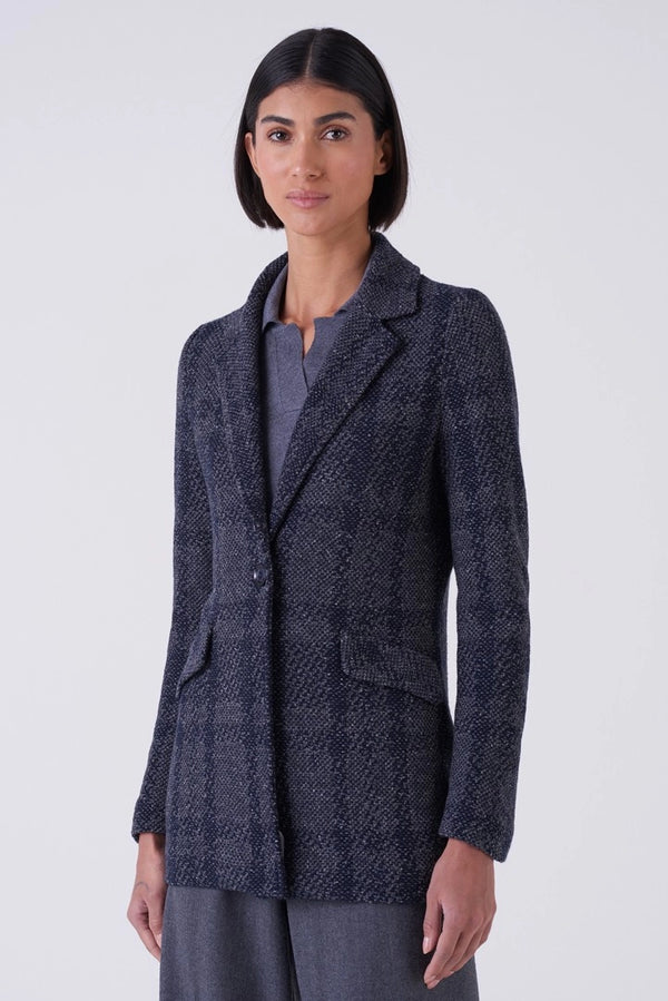 Navy Check Stitch Long Blazer