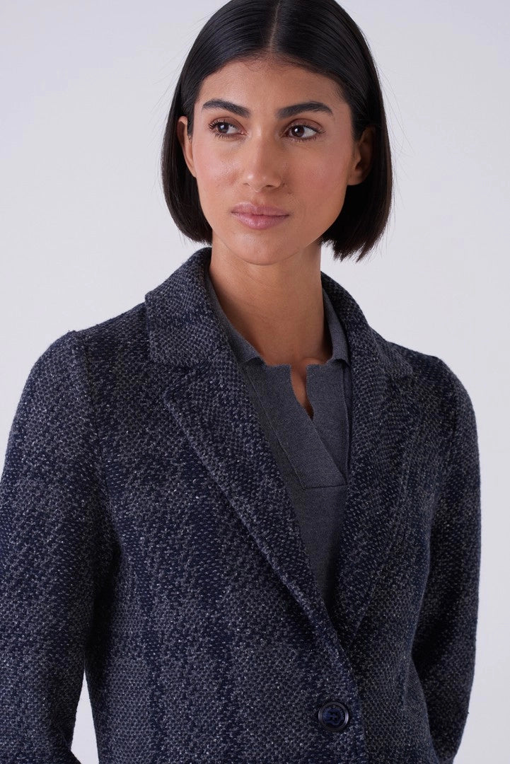 Navy Check Stitch Long Blazer
