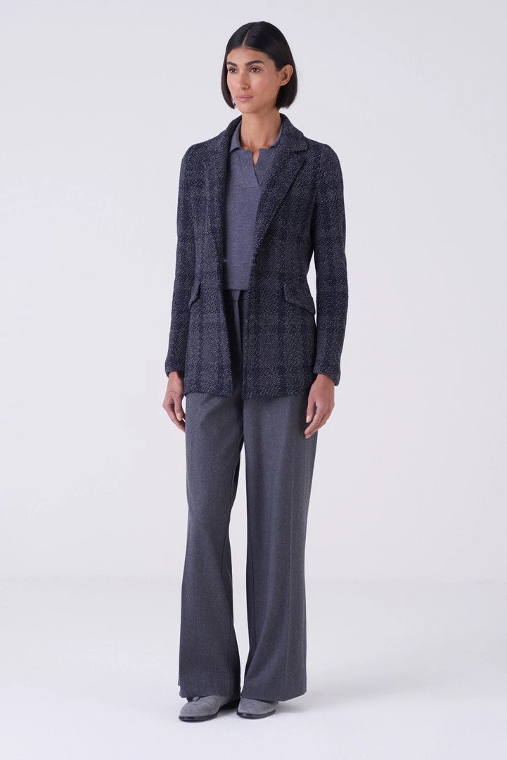 Navy Check Stitch Long Blazer