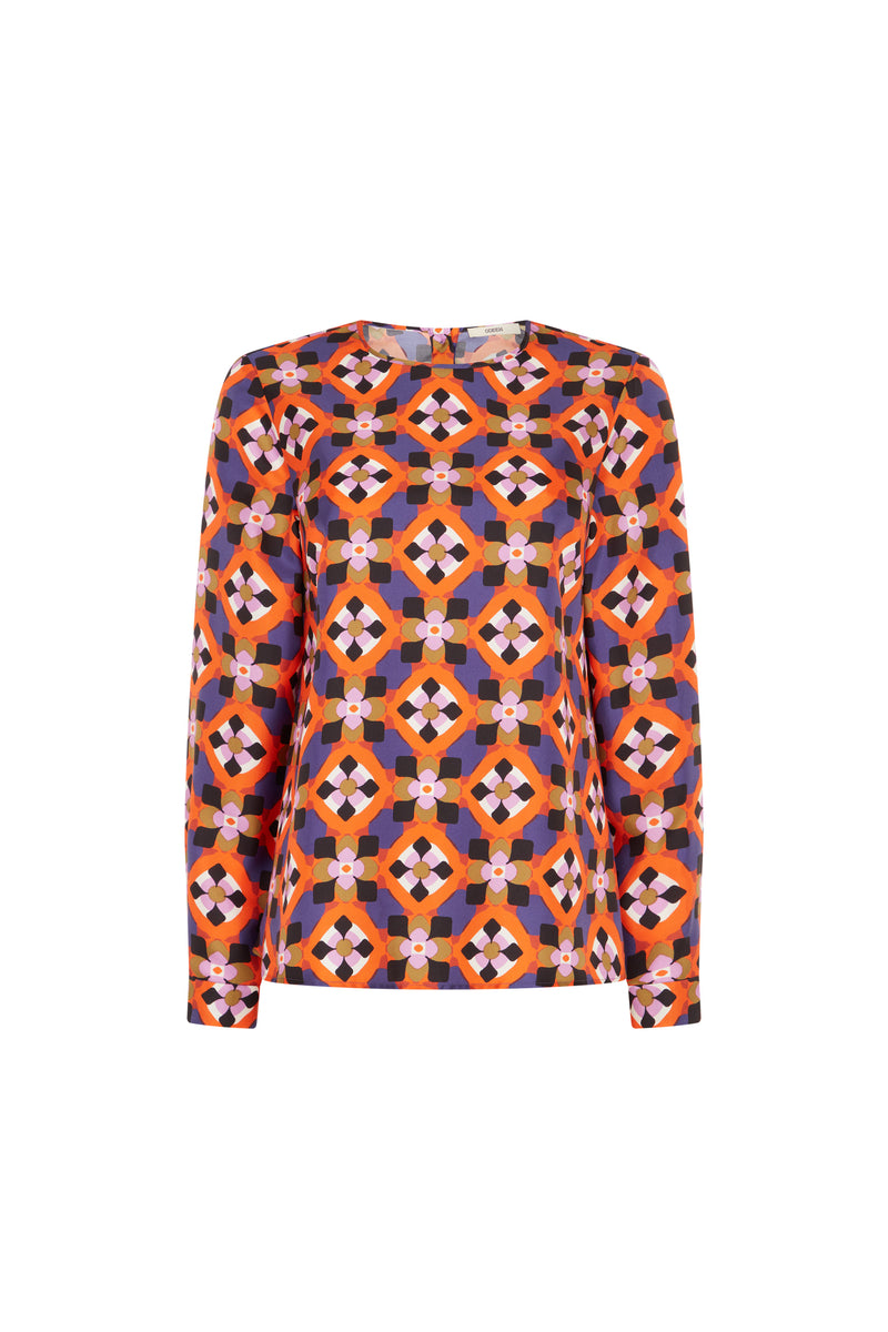 Orange Tile Print Silk Blouse