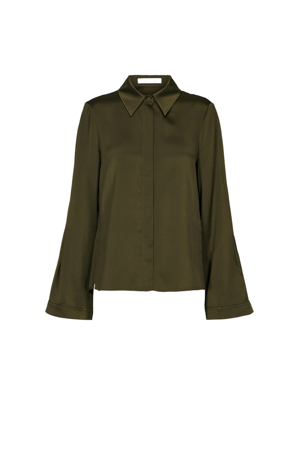 Olive Silk Wide Sleeve Blouse