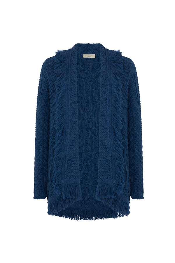 Denim Cashmere Fringed Cardigan