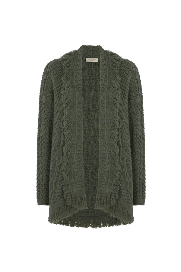 Olive Cashmere Fringed Cardigan